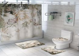 Floral Bath and Curtain Set Antislip Shower Bathroom Foot Rug Home Decoration Toilet Floor Mat 2011198135011