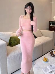 Work Dresses Korean Fashion Sweet Knitted Two Piece Set Women Sexy Pullover Sweater Crop Top & Long Skirt Suits Autumn Mink 2 Outfits