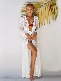 Long Sleeved Lace Transparent Cardigan Kimono For Women Tunics Beach Dress Swim Cover Up Plus Size Robe Kaftan #Q983
