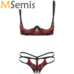 Women's Swimwear 2Pcs Womens Embroidery Lace Lingerie Set Bare Exposed Breasts Underwire Bra Top With Crotchless G-string Thong Briefs