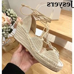 Hollow Knitted Summer Open Toe Sandals Out Cross Ankle Strap Women Slope Heels Versatile Roman Sandalias Daily Commu 201