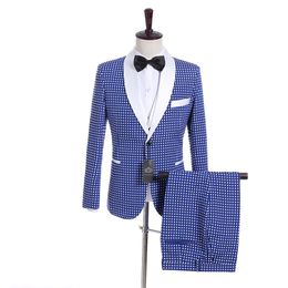 New Groomsmen Royal Blue with Dot Groom Tuxedos Shawl Lapel Men Suits Side Vent Wedding Prom Best Man Blazer Jacket Pants Vest Tie K9 258P