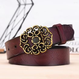 Belts Coffee Premium Cow Skin Leather Flower Buckle Belt For Jeans Wide Application Adjustable