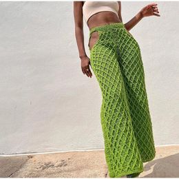 Women's Pants Sexy Cut Out Knit Crochet Women 2024 Spring Green Loose Female Beach Pant Fashion Wide Leg Ladies Trousers Sand Hawaii Ins