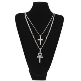 Egyptian Ankh With Cross Pendant Necklace Set Rhinestone Crystal Key To Life Egypt Cross Necklaces Hip Hop Jewelry Set 281x