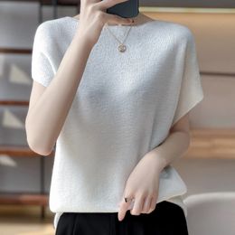 Knitted short sleeve womens thin worsted wool shirt cotton thread Tshirt summer versatile and linen half 240517