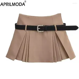 Skirts Preppy Style Solid Mini Pleated Skirt Gift Belt Gray Khaki High Waist Women A-line Shorts Korean Fashion Kpop Kawaii
