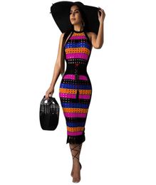 new women dot hollow out colorful stripes sleeveless tassel hem midi dress beach summer bohemian dresses Rainbow Striped Sexy Band2473171