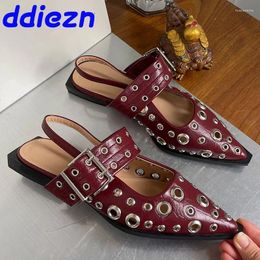 Casual Shoes 2024 Wine Red Footwear Fashion Metal Women Flat With Luxury Female Slingback Pointed Toe Ladies Flats Sandals Mules