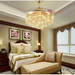 Crystal Ceiling Fan Lamp LED Light Gold Invisible Blades Bedroom Living Dining Room 42in 48Inch Remote Control