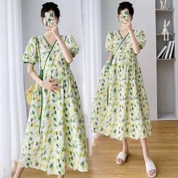 Maternity Dresses Pregnant womens summer fashion V-neck one knee loose floral dress summer long dress fashionable mom H240518