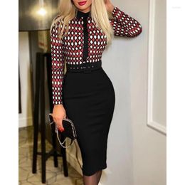 Casual Dresses Wepbel Y2K Women Bodycon Dress High Waist O-neck Printed Long-Sleeved Contains Belt Sexy Sheath Midi