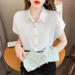 Women's Blouses Office Ladies Chiffon Shirts Summer 2024 Elegant Korean Fashion Short Sleeve Beading White Blusas Women Green Y2k Tops
