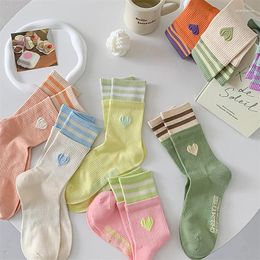 Women Socks Japanese Sweet Style Women's Macaron Colour Love Embroidered Cotton Harajuku Striped