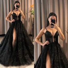 Runway Dresses Swtheart Black Prom Dresses Straps Appliques Glitter Party Evening Gowns Split Formal Red Carpet Long Special Occasion Dress 1 T240518