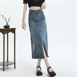 Skirts 2024 Spring Autumn Chinese Style Embroidered Denim For Women's Summer High Waisted Retro Slit Slimming Jeans Skirt
