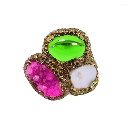 Cluster Rings G-G Natural White Keshi Pearl Rose Agate Druzy Green Crystal Adjustable Women Female Finger Ring Handmade Gifts