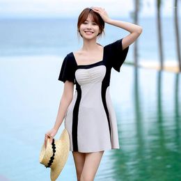 Women's Swimwear Swimsuit Women Short Sleeve With Skirt One Piece Patchwork Push Up Bathing Suit Swimdress Sport Party 2024 Summer