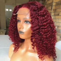 Red Coloured Deep Curly Wig Human Hair 13x4 Burgundy Lace Front Wigs For Women Short Bob 200% HD