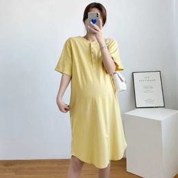 Maternity Dresses Pregnant woman button up short sleeved irregular curved hem dress for care summer clothing top nursing mother clothing H240518