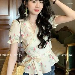 Women's Blouses Puff Sleeve Floral Sweet V Collar Lace Up Women Simple Design Leisure Girlish All-Match French Style Tender Summer Top