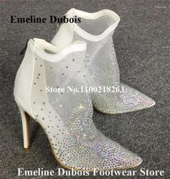 Boots Rhinestones White Mesh Short Emeline Dubois Pointed Toe Crystals Lace Stiletto Heel Party Ankle Booties Wedding Heels