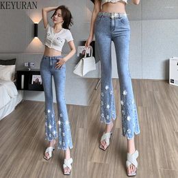 Women's Jeans 2024 Spring Summer Korean Beading Flowers Stretch Denim Pants Women's Slim High-waisted Boyfriend Blue Flare For Women