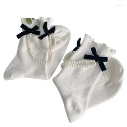 Women Socks Short Ankle Gothic Vintage Bowknot Imitation Pearl Chain Ruffled Trim Rib Hosiery