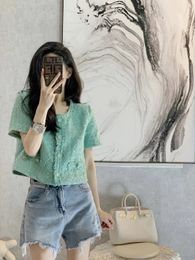 Vintage perfume short sleeve jacket womens spring/summer fashion tweed green coat 240517