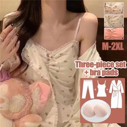 Home Clothing Sexy Women Pyjamas With Chest Pad Spring Autumn Pyjamas Female Cotton Long Sleeved Camisole Pants Three-Piece Suit Clothes