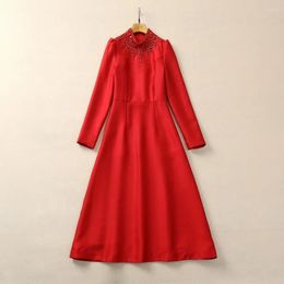 Casual Dresses Europe And The United States Women's 2024 Winter Beaded Collar Long Sleeve Red Fashion Pleated Dress XXL