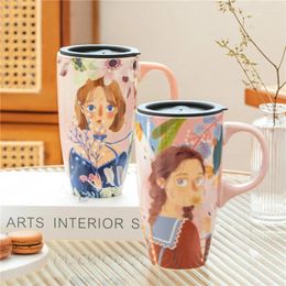 Mugs Large Capacity Ceramic Mug Cute With Lid Wonmen Office Coffee Home Original Breakfast Cups Flower Tea Cover Gift