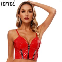Women's Tanks Womens Glossy Patent Leather Crop Top Deep V Neck Front Zipper Backless Sling Vest Sexy Camisole Nightclub Rave Party Costume