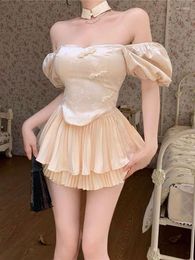 Work Dresses Chinese Style Elegant Vintage Mini Skirts Puff Sleeve Sexy Blouse 2 Pieces Sets Women Casual Fairy Princess Even Party Suits