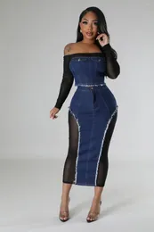 Work Dresses Women Set Off Shoulder Mesh Long Sleeve Denim Crop Top And Bodycon Maxi Skirt Two 2 Piece Outfit Tube
