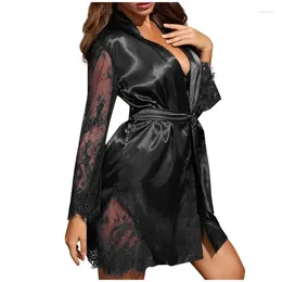 Women's Sleepwear Fashion Sexy Lace Sleep Tops With Belt Long Sleeved Home Clothing Bathrobe Womens Nightgown Lingerie Night Wears