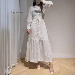 Casual Dresses Women White Long Dress Ramie 2024 Autumn Turn-Down Collar Single Breasted Slim Waist Embroidery Hollow Out Blouse Arriv