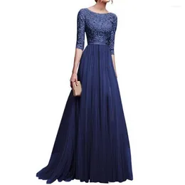 Casual Dresses Women Long Dress Lace Flower Embroidery Half Sleeve Tight Waist Patchwork Floor Length Pleated Lady Maxi Party/Evening