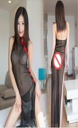 Black mesh seethrough sexy lingerie with sexy halter skirt for women seductive long dress qipao European and American foreign tra2554362