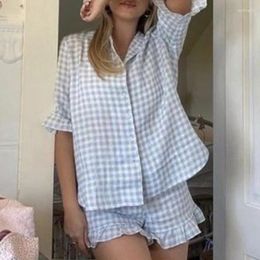 Home Clothing Kawaii Plaid Print 2 Piece Pajama Set Ruffles Short Sleeve Button Up Blouse Shirt Tops Shorts Lounge Sleepwear Sets Outfits