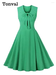 Casual Dresses Tonval Knot V-Neck Ruched High Waist Green Solid A-Line Swing For Women 2024 Vintage Style Sleeveless Summer Dress