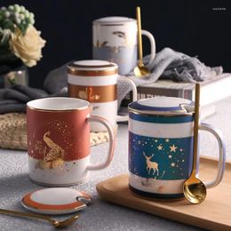 Mugs Nordic Ceramic Coffee Cup With Lid Spoon Creative Mug Couple Drinking Water Tazas De Cafe Tea Party Home Decor Accessories