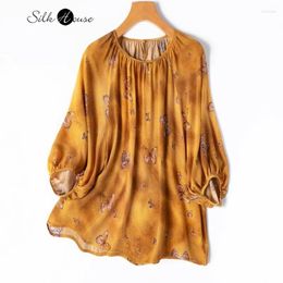 Women's T Shirts Holiday Style Butterfly Print Natural Mulberry Silk Crepe De Chine French Large Round Neck Lantern Sleeve T-shirt