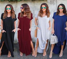 Women Summer dresses Clothes Stylish Pullover Maxi A type knit Casual Long Dress Short Sleeve Backless Lady Clothing Pocket2950080