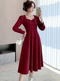 Casual Dresses Autumn Winter Red Corduroy Thick Warm Long Dress Women Fashion Chic Sequins Luxury Vestidos 2024 Korean Elegant Evening