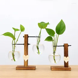 Vases Creative Hydroponic With Wooden Stand Vintage Glass Flower Pot Transparent Plant Container Tabletop Decoration