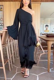 Casual Dresses Black One-shoulder Tassels Party Dress For Women One Sleeve Slop Shoulder Elegant Long Prom Sexy Chic Belt Evening Gowns