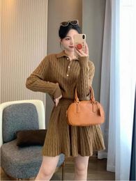 Work Dresses Suit Ladies Sporty 2024 Single-breasted Long-sleeved Tight-fitting Shirt Top And High-waist Knitted Pleated Skirt Two-piece Set