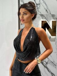 Women's Tanks Fashion Metallic Sequins Party Crop Top Sexy Backless Deep V Neck Halter Hollow Out Tank Rave Nightclub Camisole
