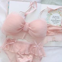 Bras Sets 2024 Japanese Lolita Girls Folds Bow Lovely Underwear Set Mesh Sweet Rimless Bra Comfortable Cute Bralette